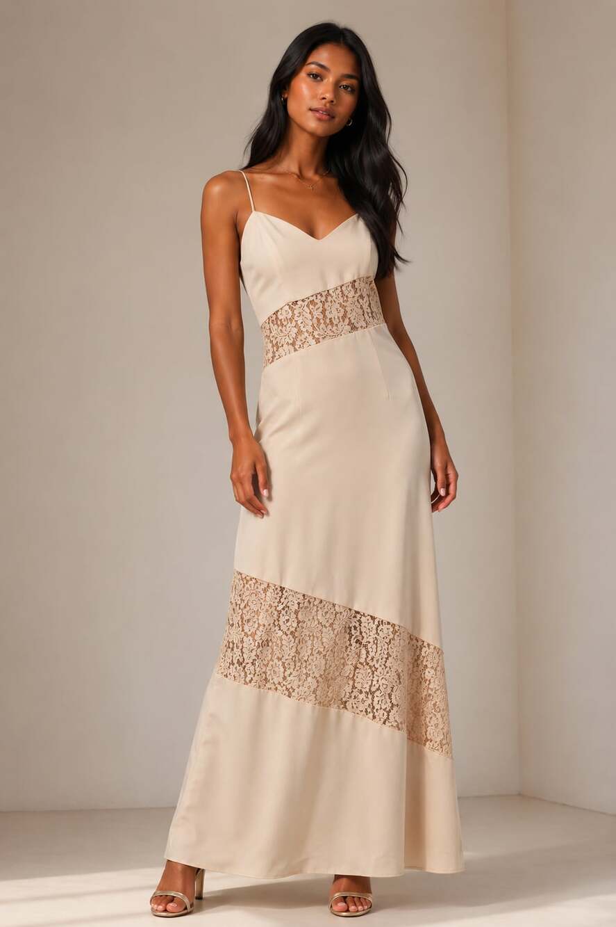 Rex Lester Vintage Champagne Bias Cut Maxi Dress with Lace Inserts